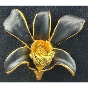 Vintage RISIS Vintage Gold Orchid Brooch Black Enamel Leaves Electroform Floral
